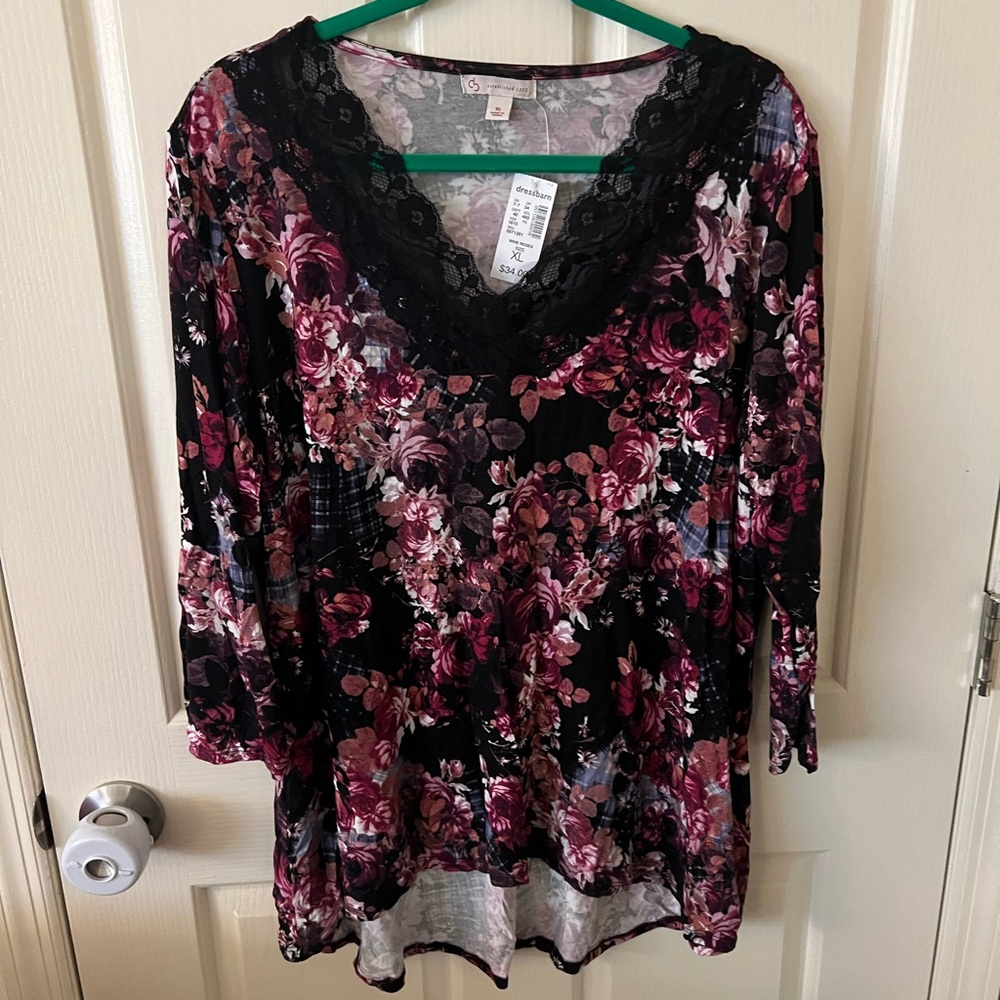 dressbarn Black and Pink Floral Blouse